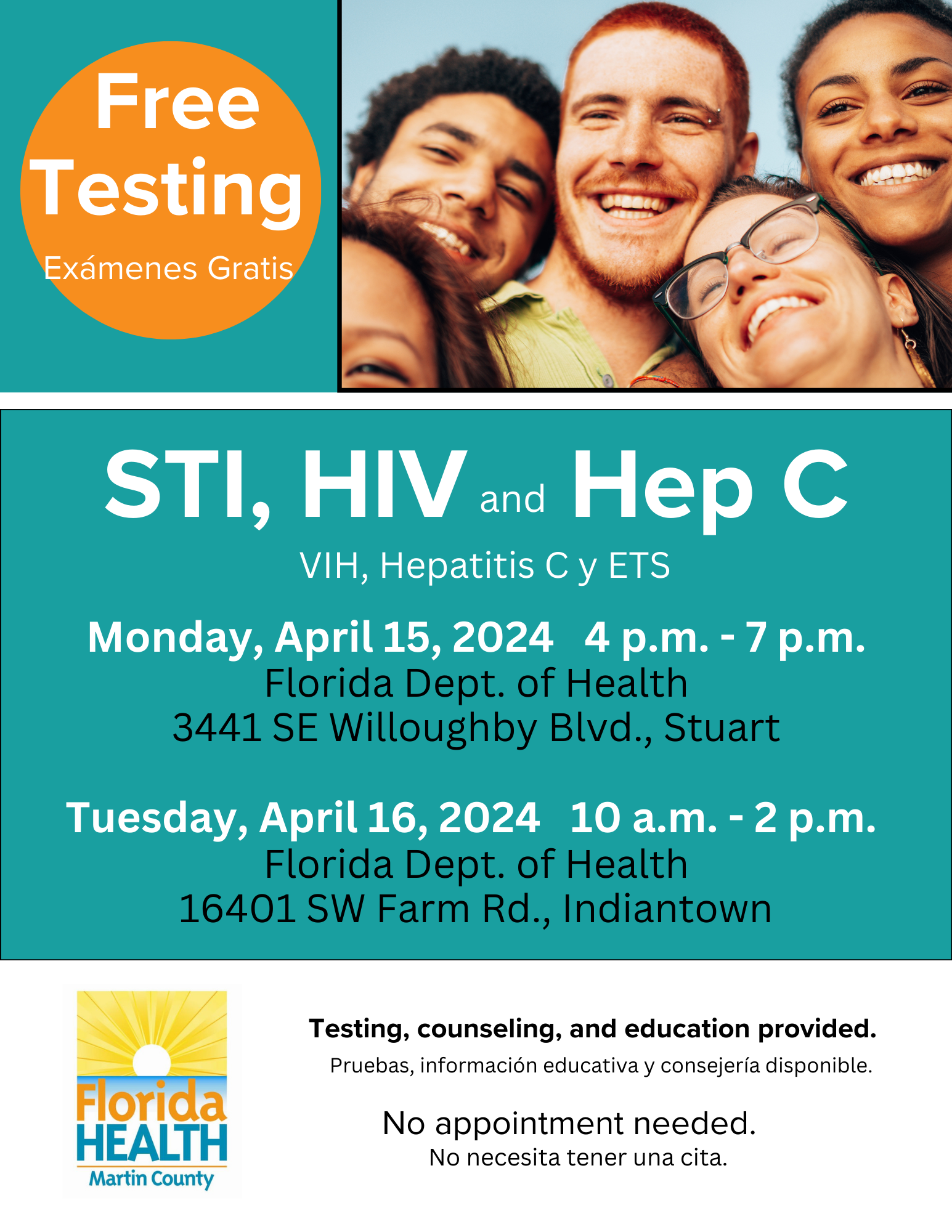  Free STI, HIV, and Hep C Testing on Monday, April 15, 2024, from 4 p.m. – 7 p.m. at the Florida Department of Health at 3441 SE Willoughby Blvd., Stuart and on Tuesday, April 16, 2024, from 10 a.m. – 2 p.m. Testing, Counseling and education provided. No appointment needed.