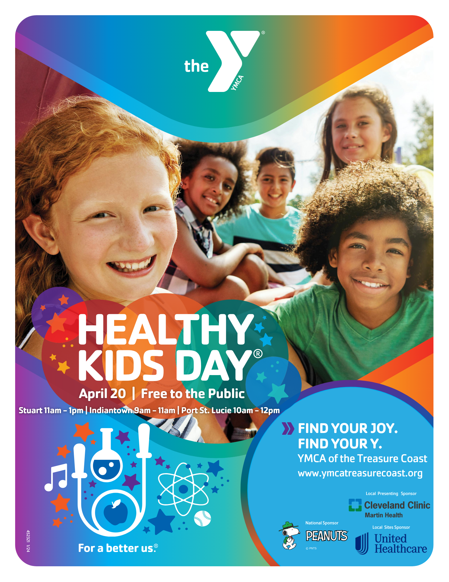 Healthy Kids Day! April 20th Free to the Public – Stuart 11 am – 1 pm., Indiantown 9 am – 11 am, Port St. Lucie 10 am – 12 pm.  Find Your joy, Find your Y. YMCA of the Treasure Coast www.ymcatreasurecoast.com