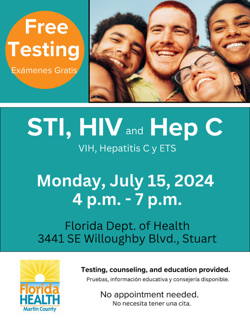 Free testing - STI, HIV and Hep C – Monday, July 15th, 2024, from 4:00 PM to 7:00 PM at the Florida Department of Health in Norton County 3441 SE Villa Beach Blvd, Stuart. Testing, canceling, and education provided. No appointment needed.