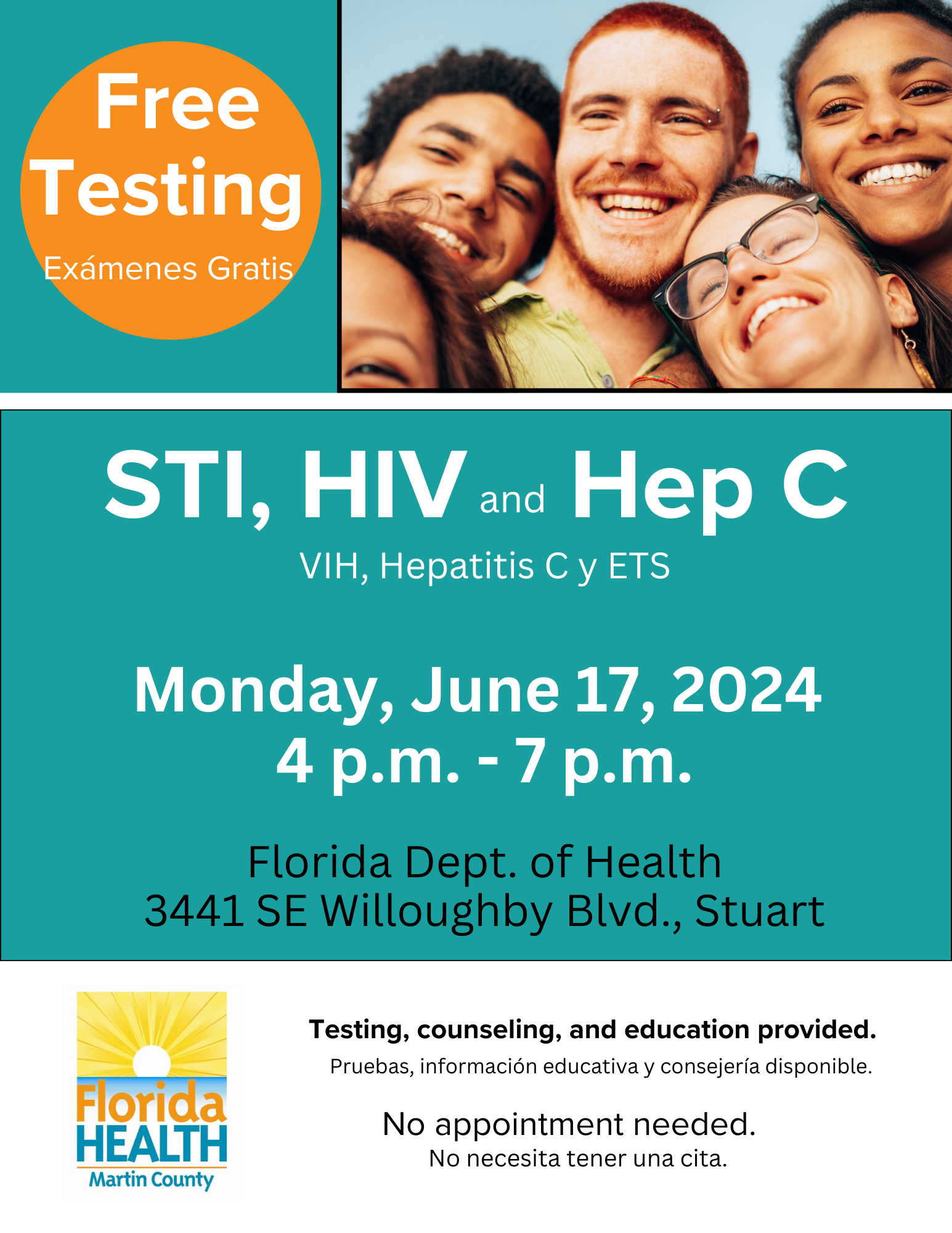 Free testing - STI, HIV and Hep C. Monday June 17th 2024 4:00 PM to 7:00 PM at the Florida Department of Health 3441 SE Willoughby Blvd. Stuart, Testing, counseling,and education provided. No appointment needed.