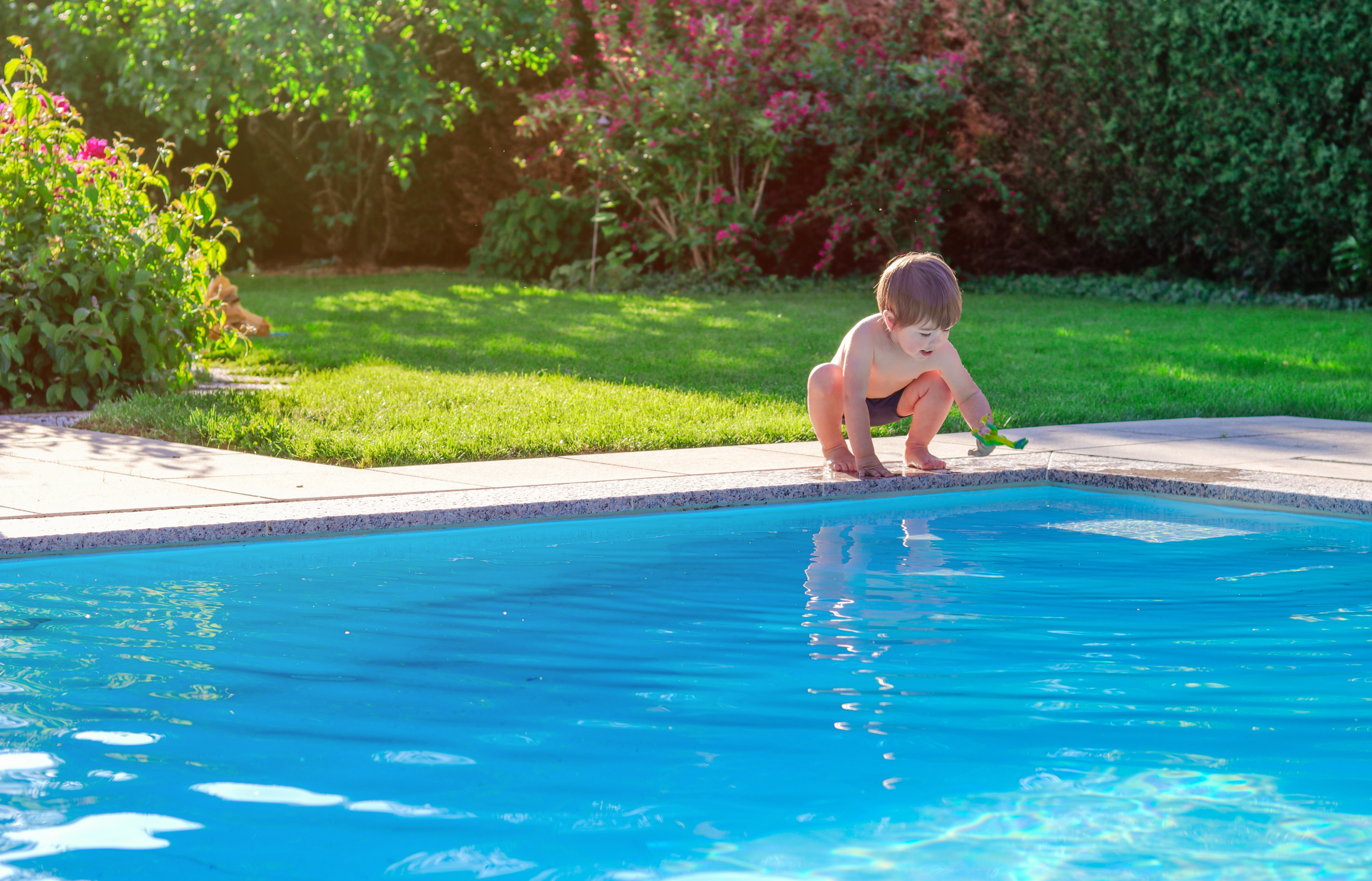 boy with toy at poolside