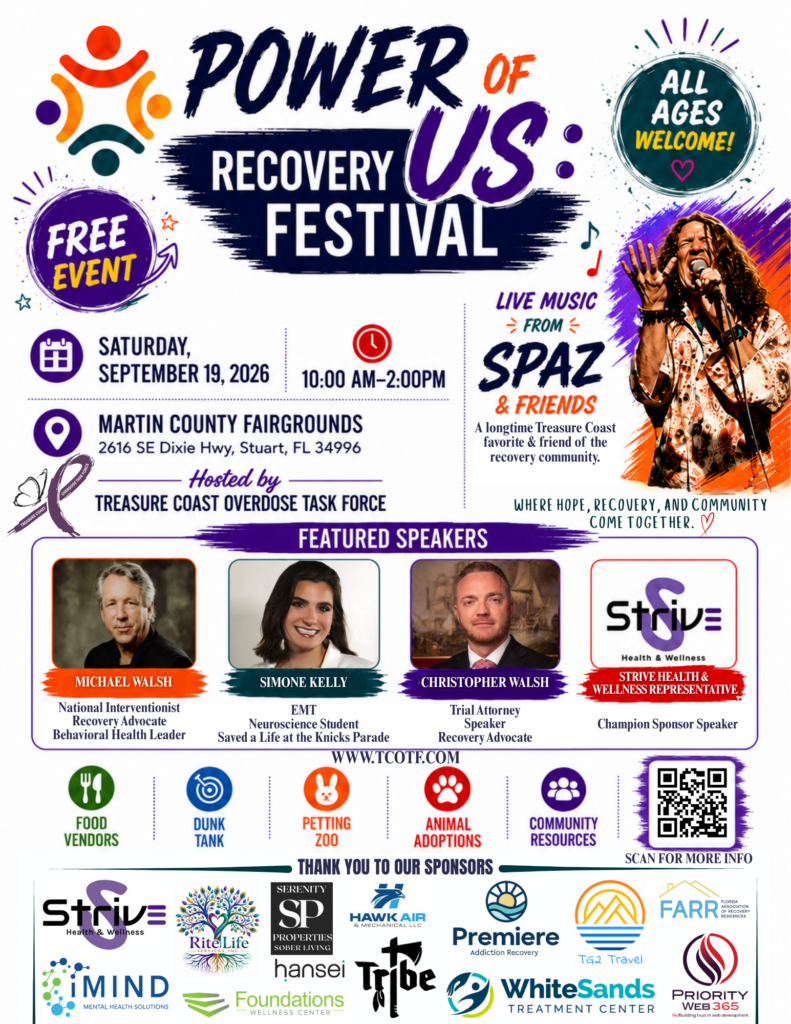 Flyer for the 'Power of Us: Recovery Festival' on September 19, 2026, at Martin County Fairgrounds. The free event features live music, speakers, and activities, promoting hope and recovery for all ages.