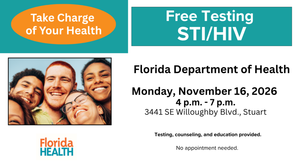 Flyer for free STI/HIV testing by Florida Department of Health. Features diverse young adults, date, time, and location.